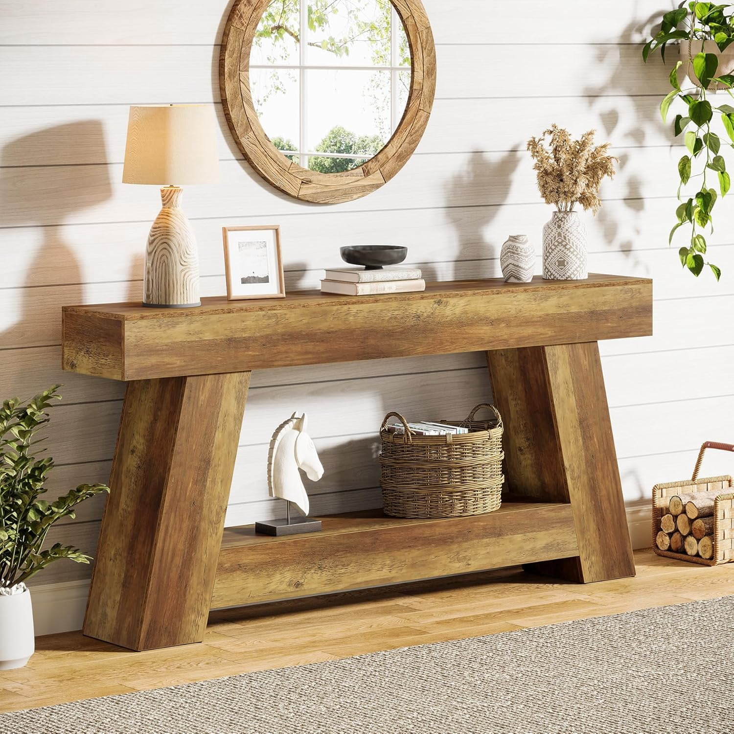 Tribesigns 70.86" Extra Long Sofa Console Table, Farmhouse 2-Tier Wooden Behind Couch Table for Entryway (Rustic Brown)
