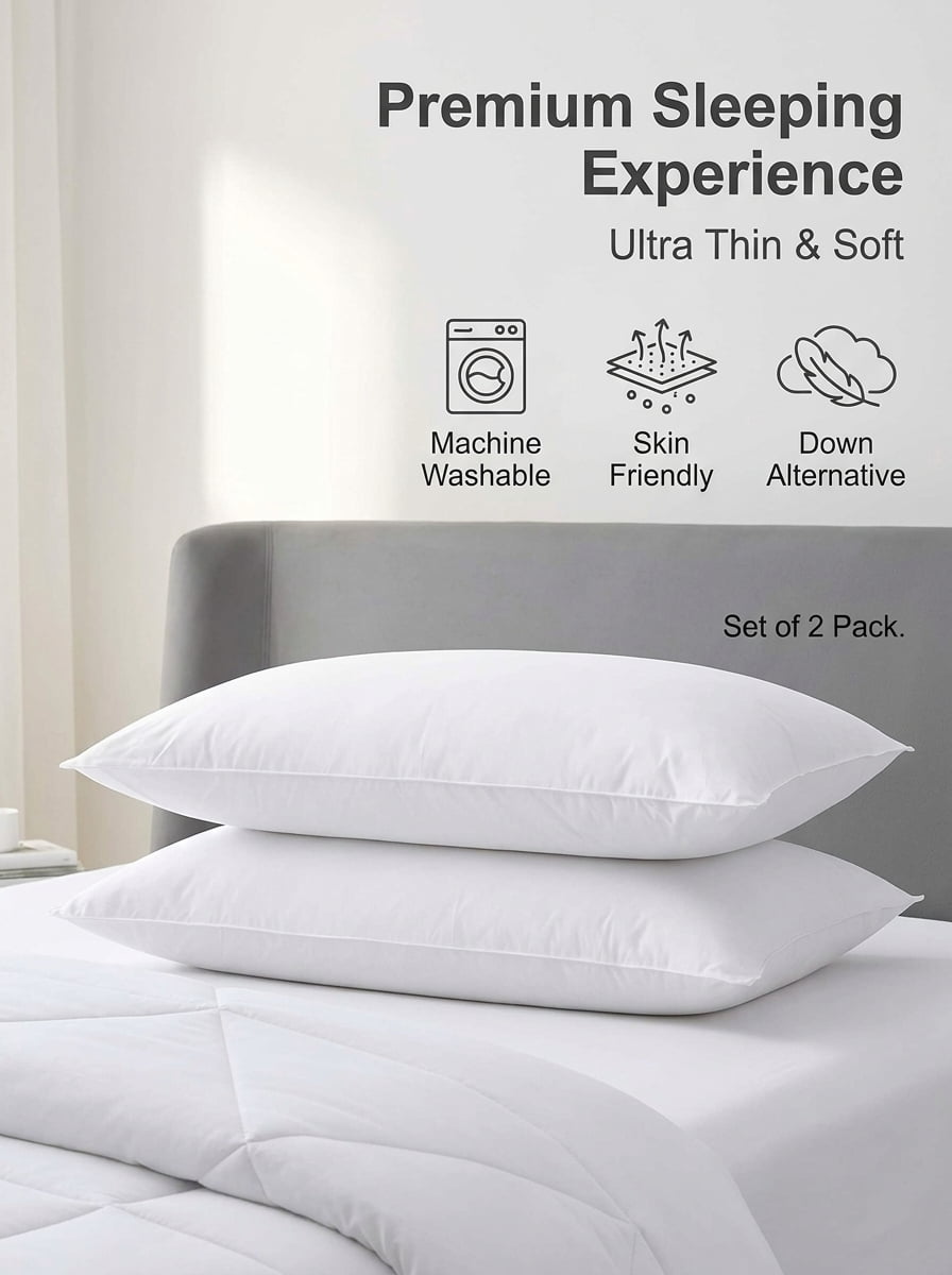 Ultra Thin Flat Bed Pillows Standard Size Set of 2, 20x26 Inch Soft Sleeping Pillows for Back Stomach Sleepers, Machine Washable Skin Friendly, White