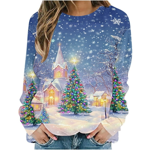 Christmas Sweatshirts Women Graphic Printed Xmas Funny Tee Shirt Plus Size Holiday Tops Loose Crewneck Pullovers (XL, Blue)