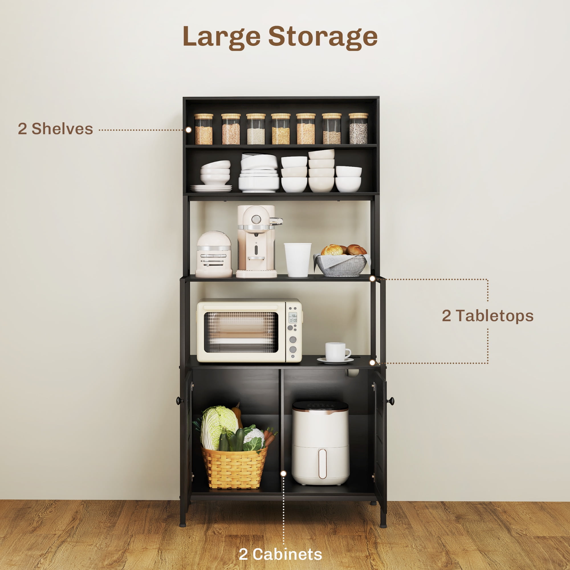 HOMCOM Baker's Rack with Power Outlet, Coffee Bar Cabinet with Storage Shelves, Microwave Stand with Louvred Door Cabinets, Black