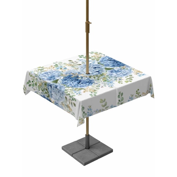 Outdoor Tablecloth with Umbrella Hole for Patio/Picnic/Party/Camping, Hydrangea Eucalyptus Waterproof Table Cloth Square Cover Washable, Summer Botanical Leaves Butterfly (54"x 54")
