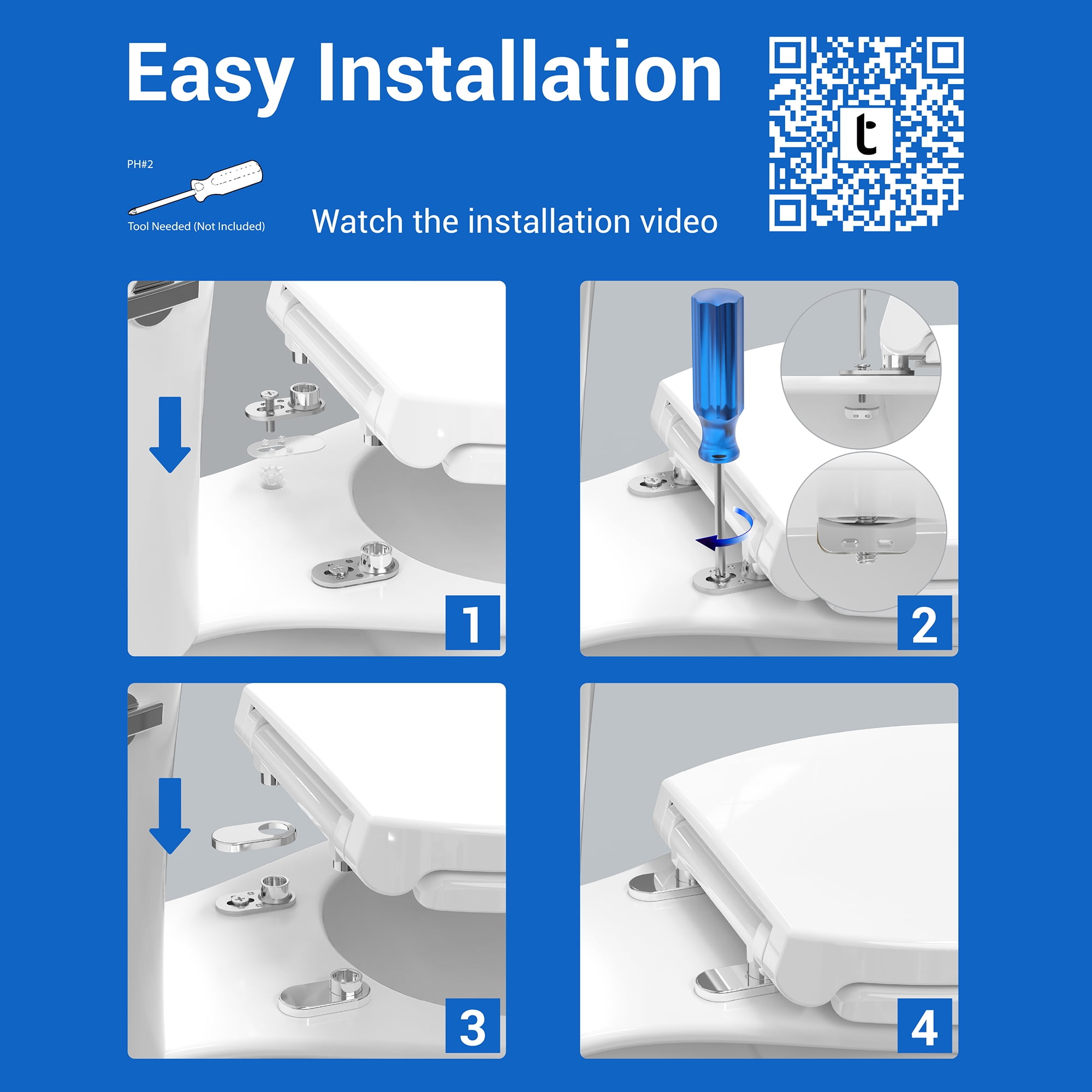 Topseat Plus Series Slow Close Toilet Seat Elongated, No-Slam, Magnetic Quick-Release for Easy Clean, Easy Installation, Secure-Grip Bumpers, Wobble-Free, Adjustable Fit, Plastic, White