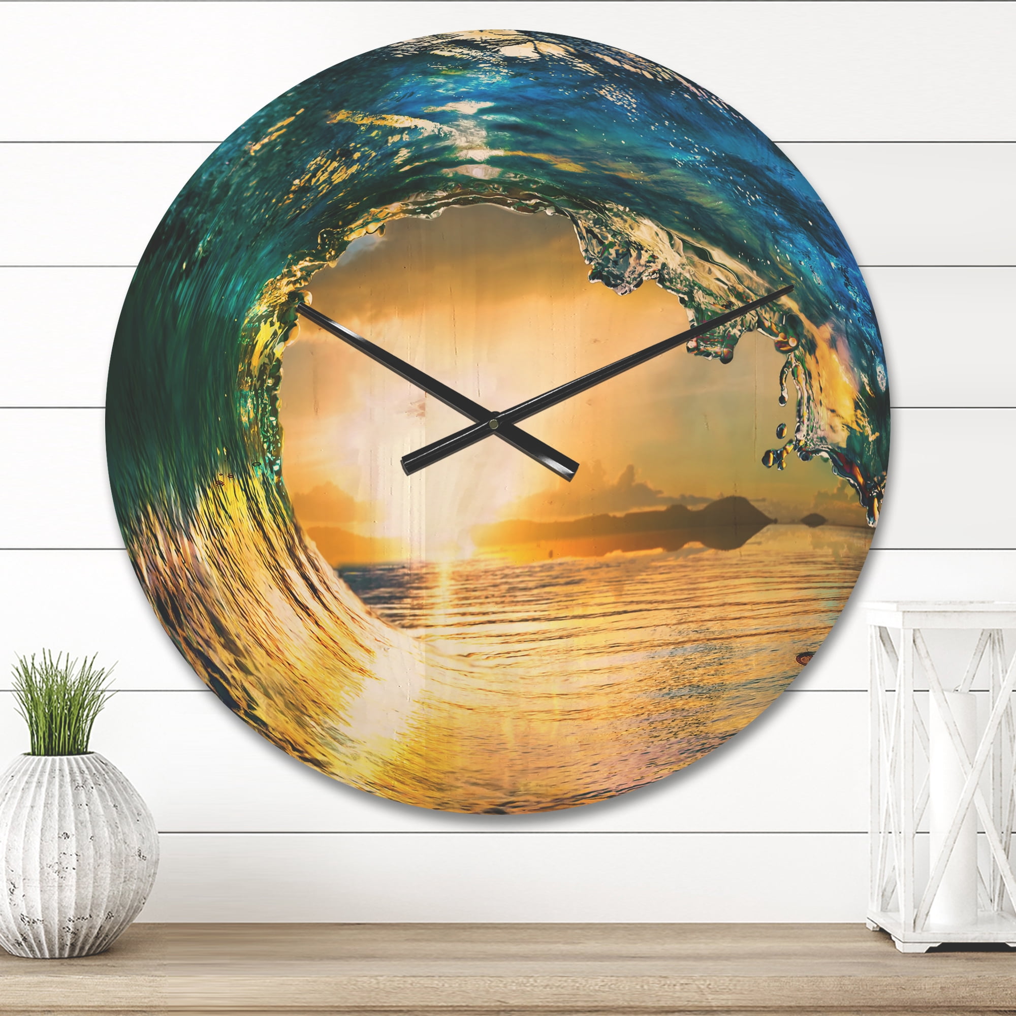 Designart 'Colored Ocean Waves Falling Down At Sunset II' Nautical & Coastal Wood Wall Clock