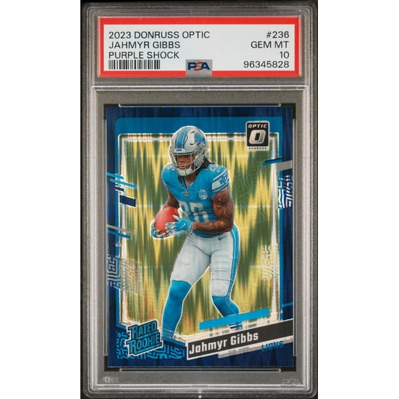 Graded 2023 Panini Donruss Optic Jahmyr Gibbs #236 Purple Shock Rookie RC Football Card PSA 10 Gem Mint
