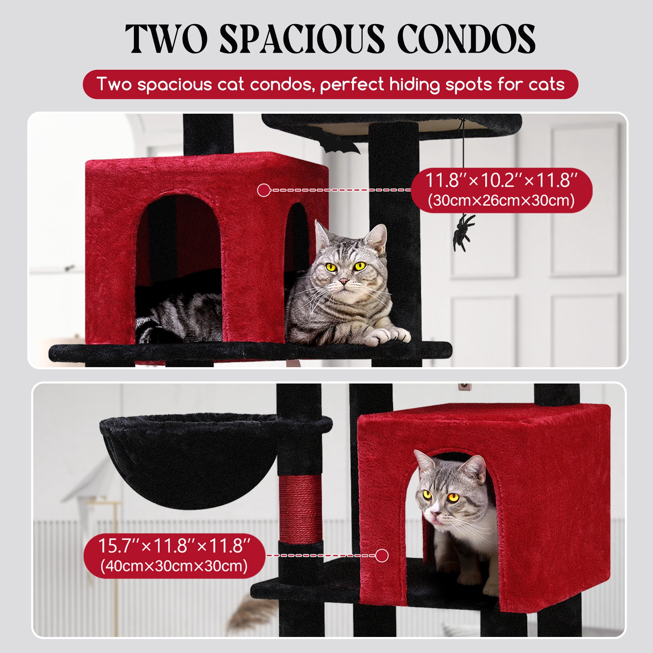 CT70F Gothic Cat Tree - 69" Tall Multi-Level Tower with Condos, Perches & Scratching Posts, Red Black