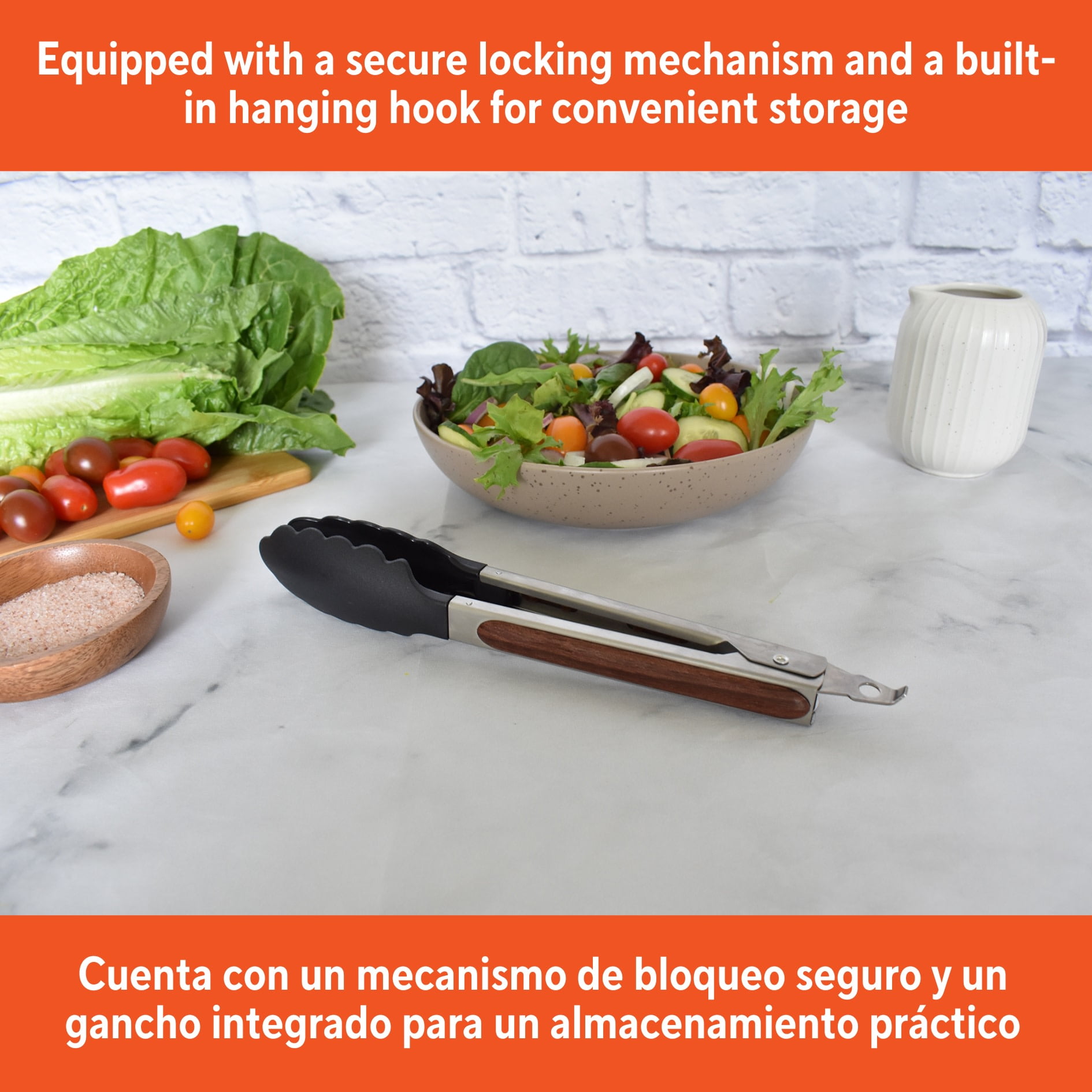 IMUSA 9in Chef WL Stainless Steel Food Tongs with Nylon Tips and Wood Look Grip