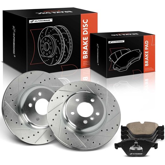 A-Premium 13.70 in (348 mm) Front Drilled and Slotted Disc Brake Rotors   Ceramic Pads Kit Compatible with Select BMW Models - 535d, 535d xDrive, 535i, 535i xDrive, 640i, 640i Gran Coupe, 6-PC Set