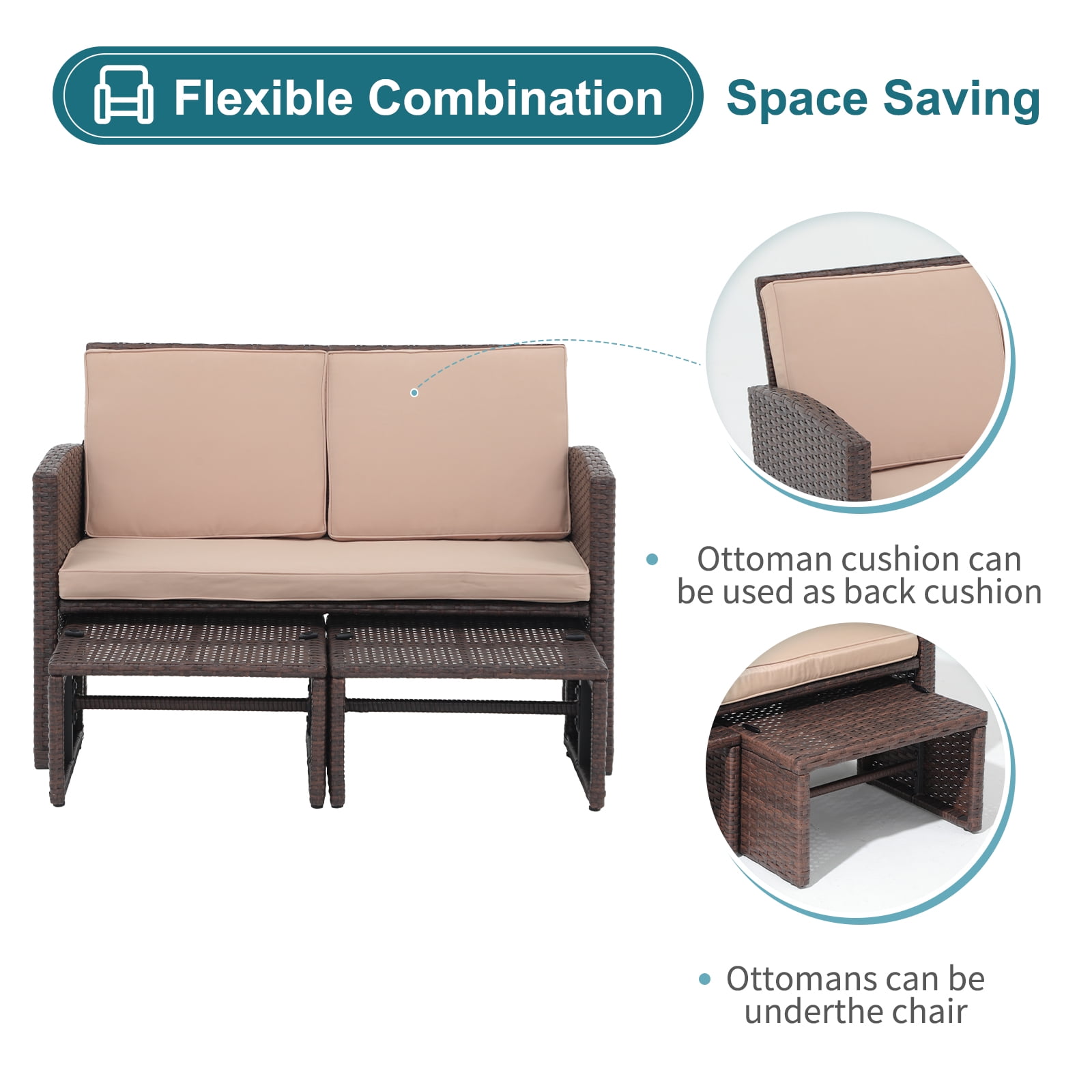JOIVI 3 Piece Outdoor Loveseat, Patio Furniture Set with Ottoman, Brown Rattan, Beige Cushion