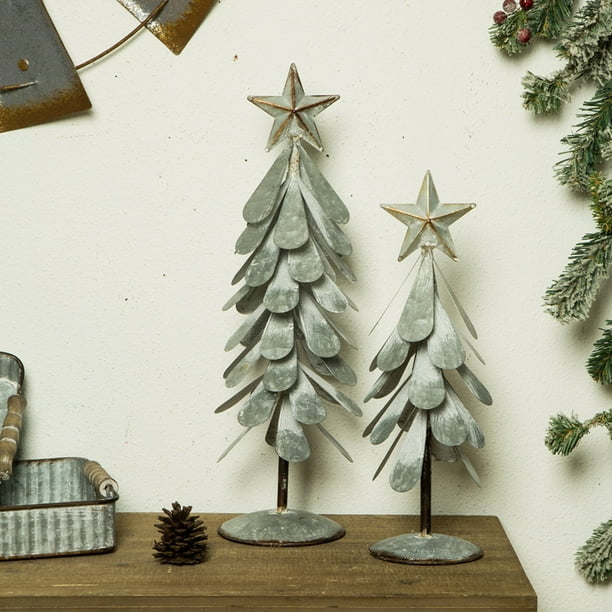 Glitzhome Galvanized Metal Christmas Table Tree Decor, set of 2