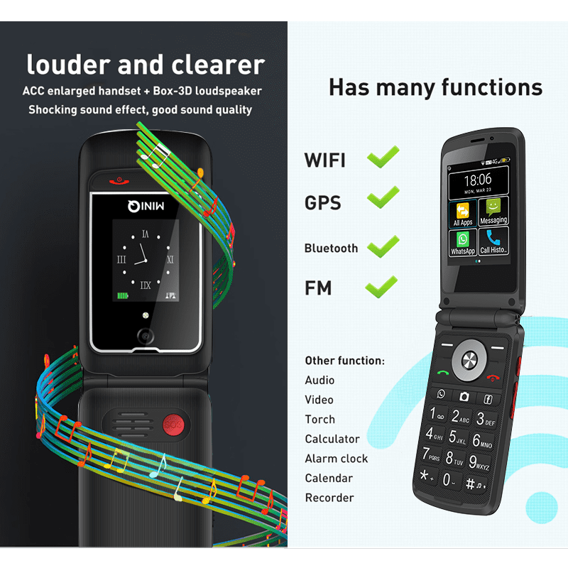 TIQ mini Q5 Support Google Play Store Add SD Card T-Mobile 4G Android 8 MTK 6739 Touch Screen 1450mAh Flip Smart Phone WiFi 2.8 Inch 3GB 32GB Version