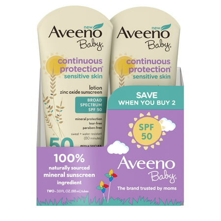 Aveeno Baby Continuous Protection Zinc Oxide Mineral Sunscreen, SPF 50, Pack of
