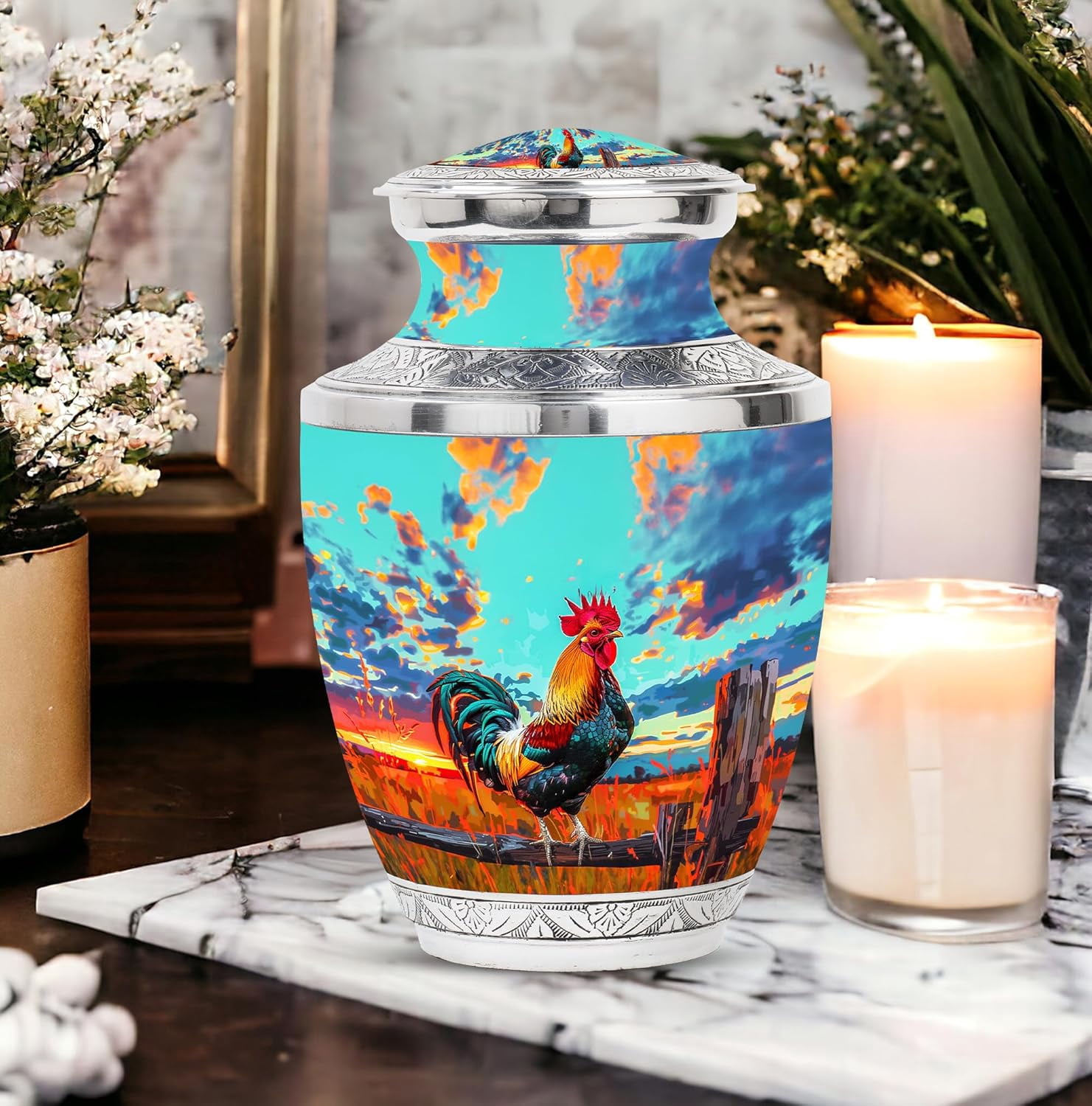 Rooster Urn - Decorative Urns for Human Ashes - Urn for Moms Ashes & Dad - Funeral Cremation Urns for Ashes - Human Urns for Ashes - Keepsake urns for Ashes Small (Combo - 10" & 3", 2 Pcs)