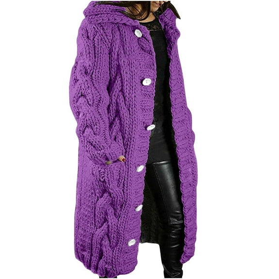 VINUSLI Cableknit Cardigan for Women - Winter Chunky Open Front Long Cardigans Button Down Hooded Sweaters with Pockets Purple,S