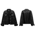 thumbnail image 3 of Women'S Pearl Denim Jacket Cropped Rhinestones Jean Jacket Coat Black S, 3 of 5