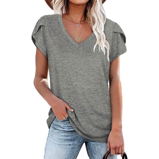 Camisetas casuales de manga de pétalo de verano con cuello en V para mujer Fokelyi WRHS-173-2