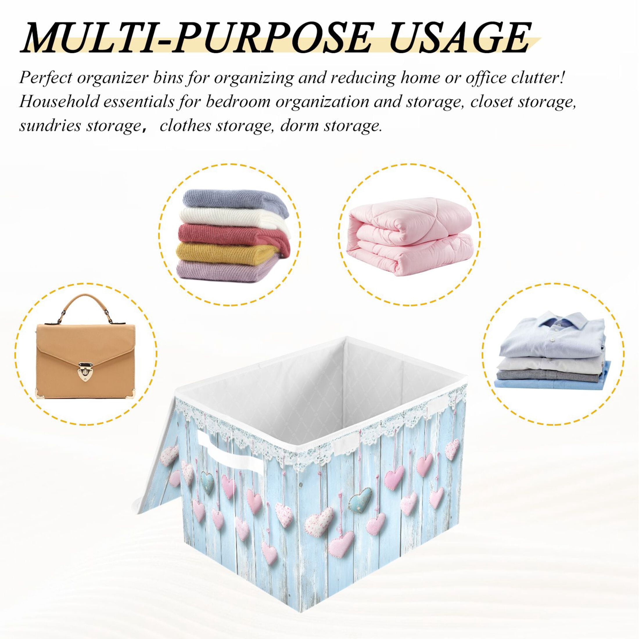 Ryvnso Pink Hearts Wooden Large Lidded Foldable Storage Baskets Cubes Boxes Lids Bin for Home
