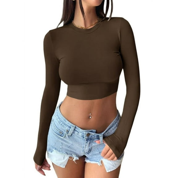 Women'S Long Sleeve Crop Tops 2025 - Basic Crew Neck Slim Fitted Fall Cropped Shirts Coffee Color XL