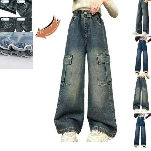 Gamivast Girls Jeans Size 5-15 Baggy Straight Wide Leg Cargo Pants with 4 Pockets Loose Y2K Elastic High Waist Wash Jean Youth Denim for Kids Winter Fall Fashion Sweatpants