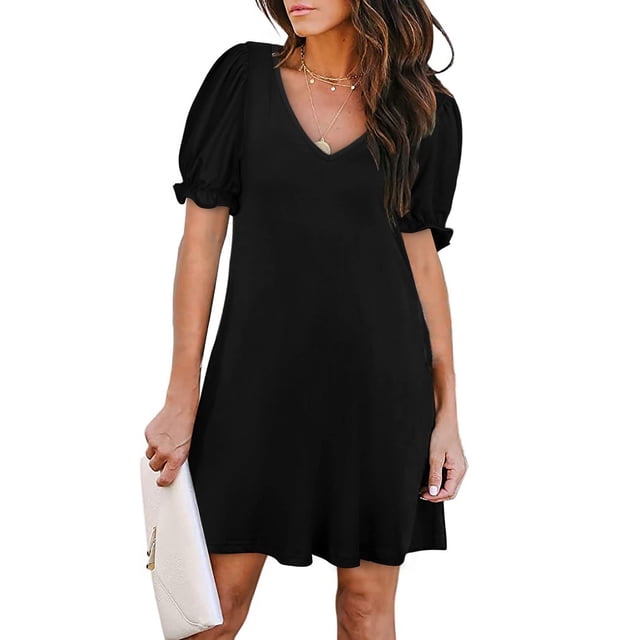 LOVZFMLL Robe d'Été Décontractée pour Femme à Couleur Unie à Manches Courtes avec Poche Robes de Plage Noir 2TG
