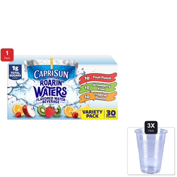 1 Pack | Capri Sun Roarin Waters Fruit Punch, Strawberry Kiwi & Tropical Punch Flavored With Other Natural Flavor Water Beverage, 30 Ct Box, 6 Fl Oz Drink Pouches & 3x Disposable Cup