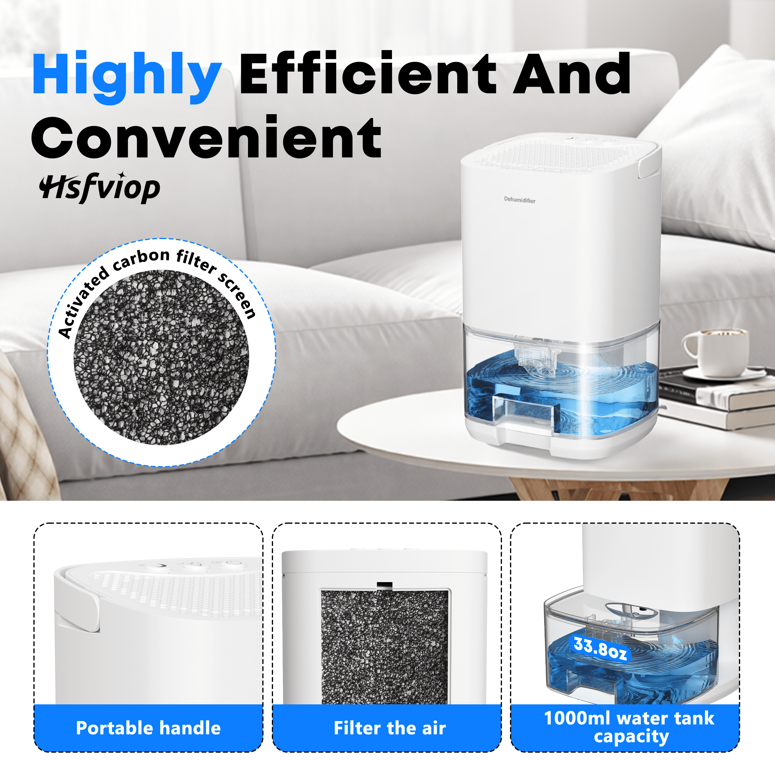Hsfviop Small Dehumidifiers with LED Light Portable 34OZ Water Tank Ultra Quiet for Bedroom 7 Colors,White