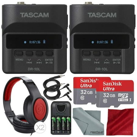 Tascam DR-10L Portable Digital Studio Recorder W/Lavalier Microphone, 32GB Card, and Headphones 2-Pack Deluxe