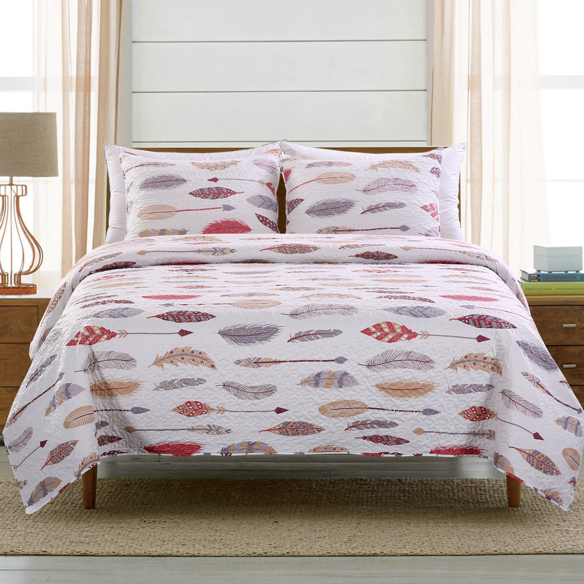 SLPR Floating Feathers 3Piece Bedding Quilt Set King with 2 Shams