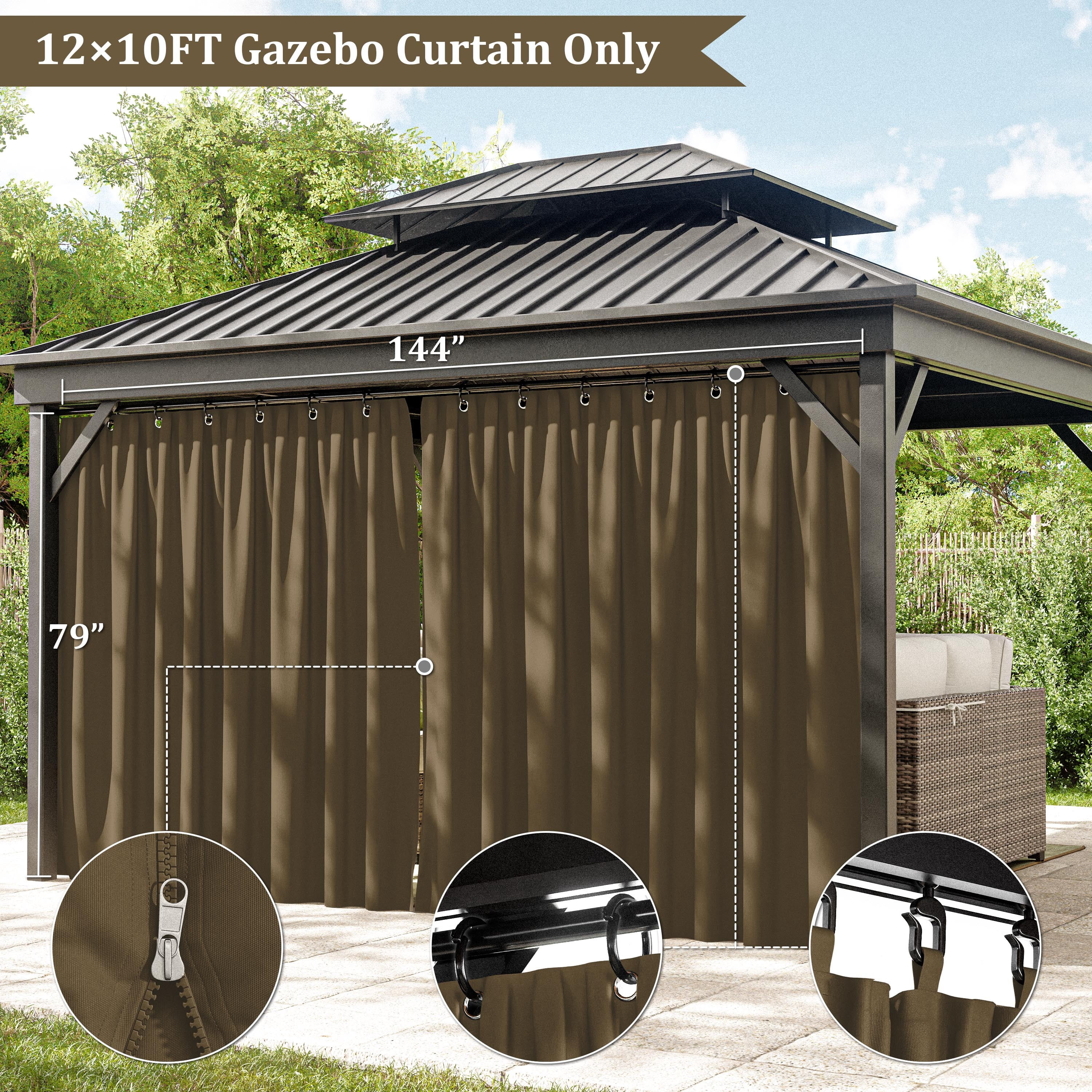 Pakunoda 11' X 6.5' Gazebo Universal Replacement Privacy 4-Panel Curtains, Waterproof Outdoor Curtains Sand Sidewall with Zipper for Patio Garden Backyard 10' X 12' Gazebo, Curtain Only