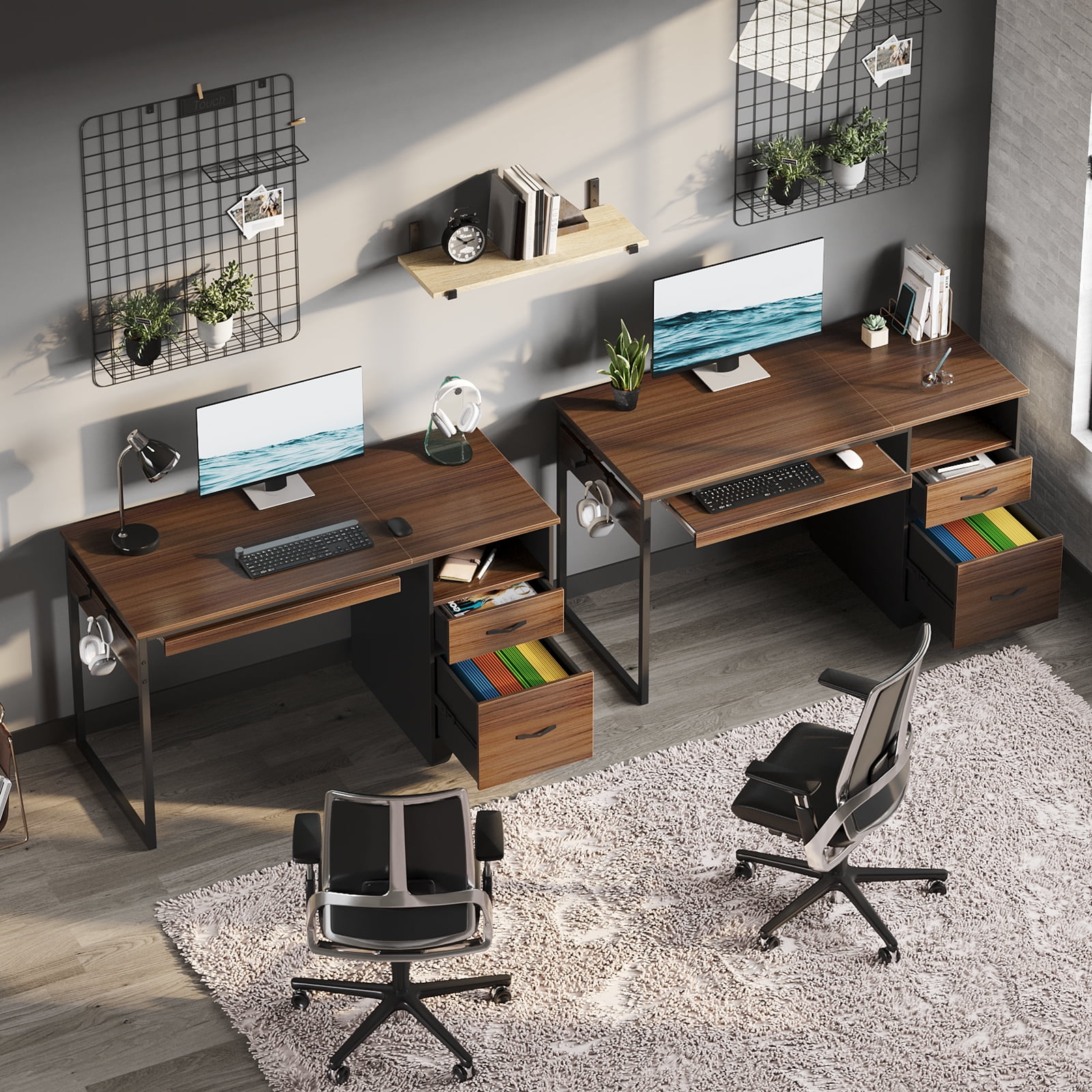 Bestier 48” Office Desk with Drawers, Computer Writing Desk with Keyboard Tray & 2 Hooks for Home Office, Cherry