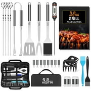 AISITIN 25Pcs Grill Accessories Set, Grilling Utensils Set with Thermometer, Kabob Skewers, Stainless Steel Spatula and Tongs, BBQ Tools Set for Outdoor Camping, Kitchen and Party