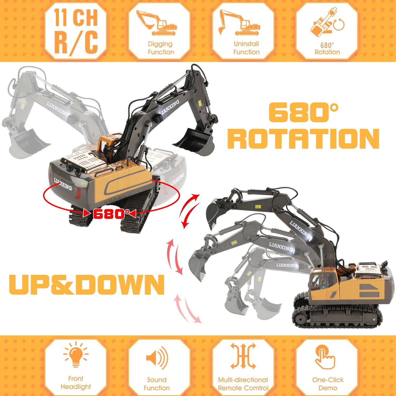 Petbank Remote Control Excavator Toys, 680° Rotation Hydraulic Car Toys with Metal Shovel, Lights & Sounds, Rechargeable 11 Channel RC Construction Vehicles, RC Truck Digger gift for Kids Aged 4-12