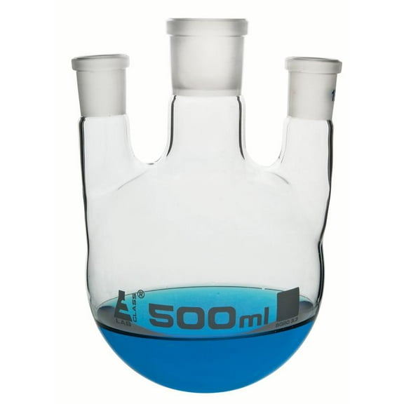 Distillation Flask with 3 Parallel Necks, 500ml Capacity, 24/29 Center Socket, 19/26 Side Sockets, Interchangeable Ground Joints, Borosilicate Glass - Eisco Labs