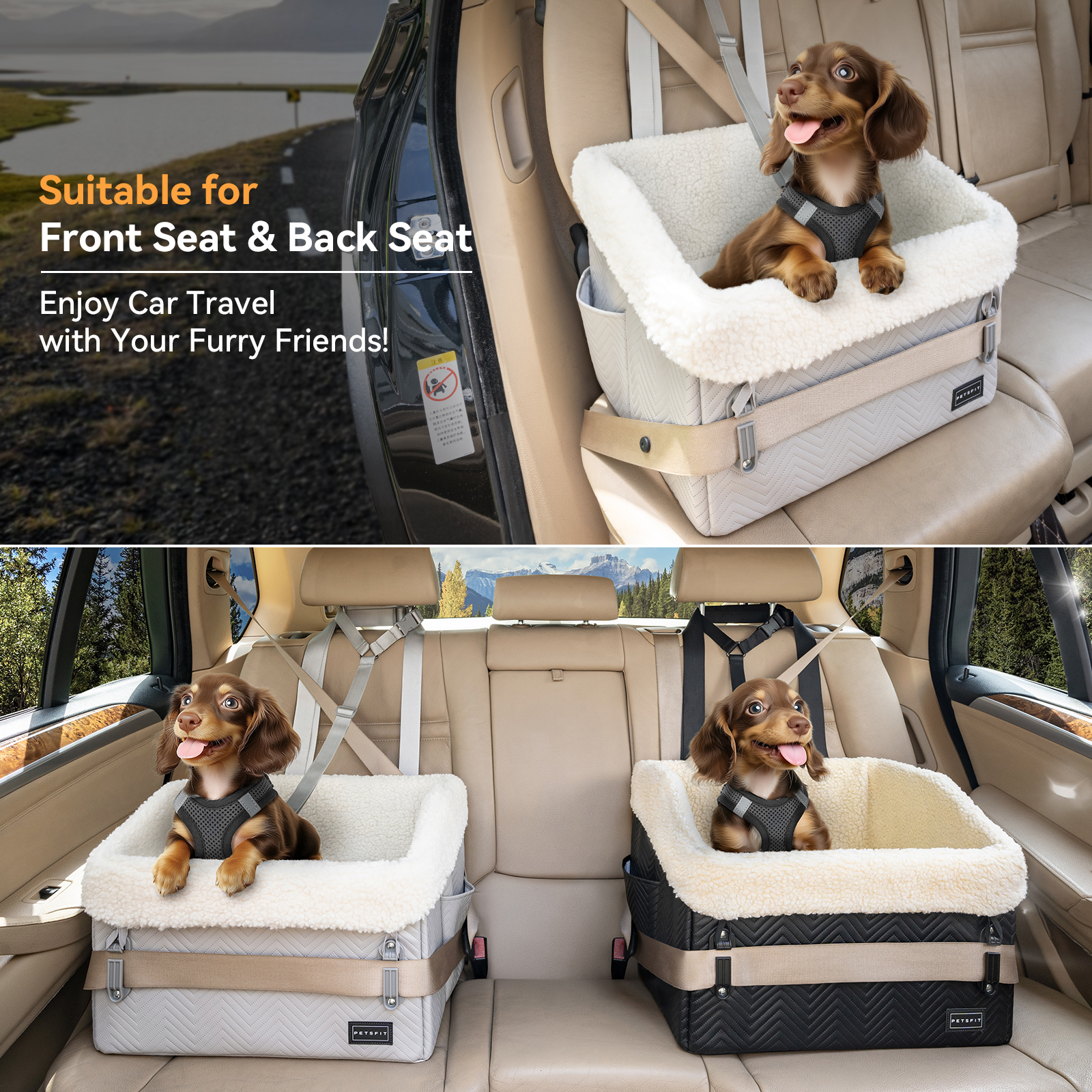 PETSFIT Dog Car Seat, Waterproof PU Leather ,Patented Safe Buckles, Pet Car Seats for Medium or Small Sized Pets,Under 30 lbs ,Grey