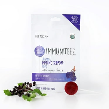 Immuniteez Organic Immune Support Flat Lollipops with Organic Honey, Elderberry,  2.5 oz, 10 Ct Bag