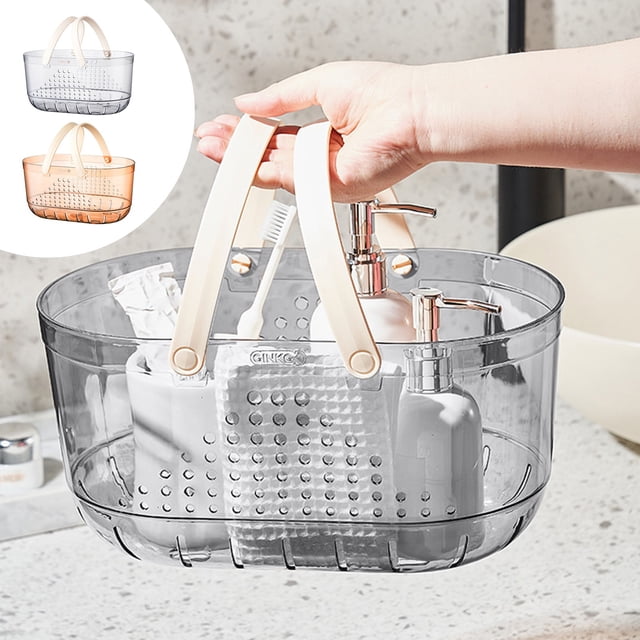 Cesta organizadora de baño de plástico transparente con asa, gran bolsa de almacenamiento para artículos de aseo, orificios de drenaje, organizador de baño rectangular.