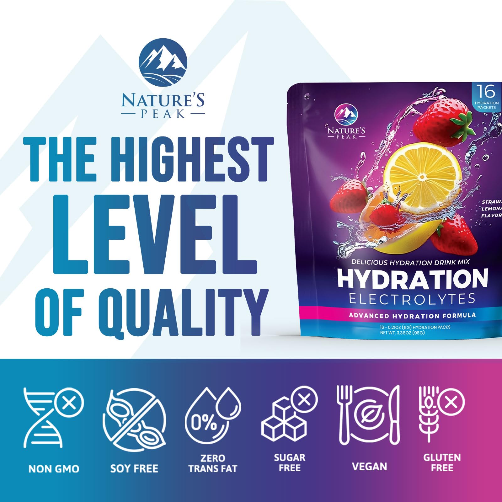 Electrolyte Hydration Packets - Best Electrolytes Drink Mix - Sugar Free Formula with Sodium, Potassium, Magnesium, Zinc & Vitamin C for Dehydration Relief and Rehydration, Strawberry Lemon (16 Pack)