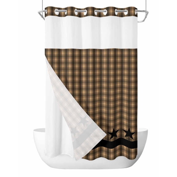 No Hook Shower Curtain with Snap-in Liner, Brown Black Plaid Waterproof Fabric Bathroom Curtains, Vintage Rustic Star Buffalo Check Bath Curtains & Mesh Top Window Stand Up Stall 36"x72"