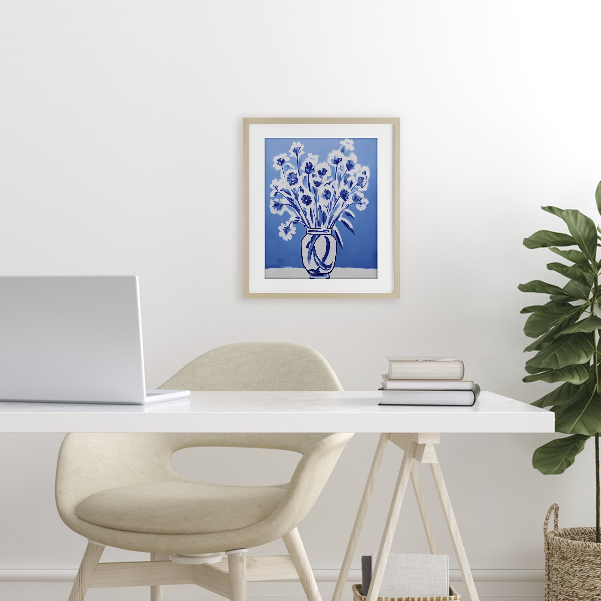 Blue & White Contrast Flowers Birch Framed Print Under Glass, design by Lettered and Lined