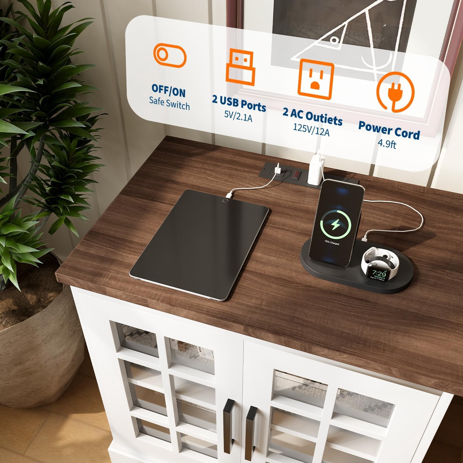 Farmhouse End Table with Charging Station, 24" Large Sofa Side Table, Nightstand with Adjustable Storage Shelf,Wood Square Bedside Table for Living Room,Bedroom