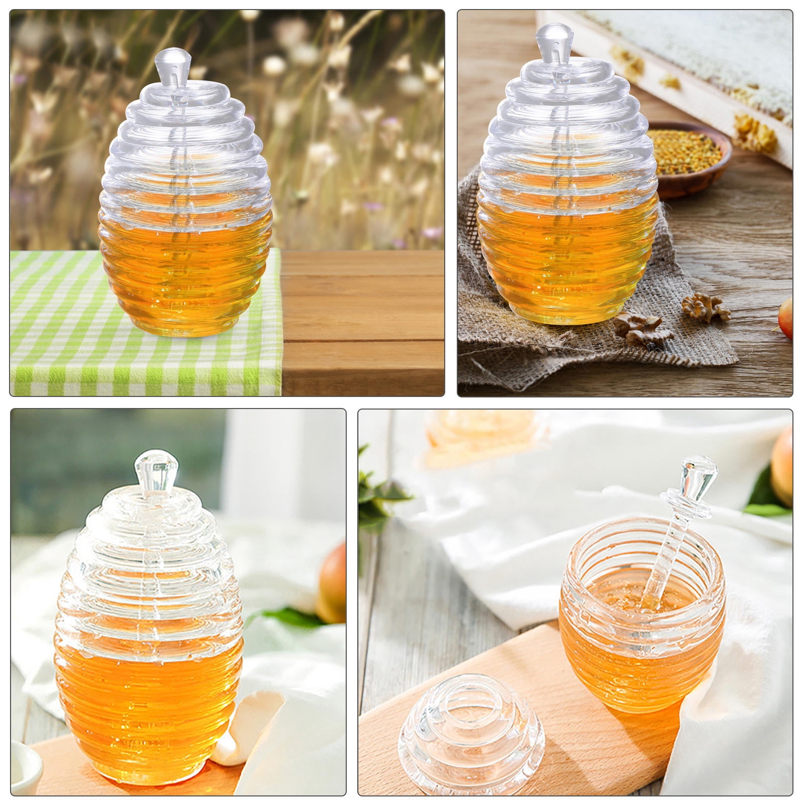 WHAMVOX Set of 2 Acrylic Honey Jars with Lids and Spoons, Juice and Syrup Storage Bottles for Kitchen