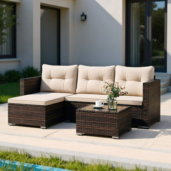 GVN Backyard Furniture Sets,Outdoor Furniture Sets,2-Piece Outdoor Wicker Furniture Set with Tempered Glass Coffee Table and Soft Cushions-Beige