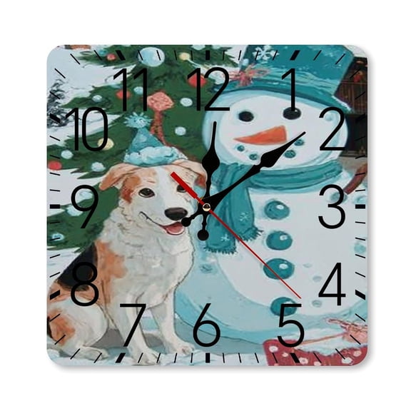RKSupls 10×10inch Square Silent Wall Clock Wooden Frame, Dog Snowman Christmas Scale Decorative Clock for Home Bedroom Living Room Office