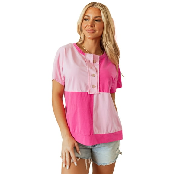 Women's Pink Two Tone Half Button Collared T-Shirt - Casual Elegance | [ZhiHiMeRi] | (US 12-14)L