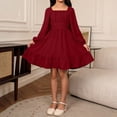 thumbnail image 3 of Girls Formal Long Sleeve Dress Wine A-Line Ruffle Square Neck Bow Back Party Church Dresses for Kids Casual Polyester Ages 6-12,Size 6-7T, 3 of 8