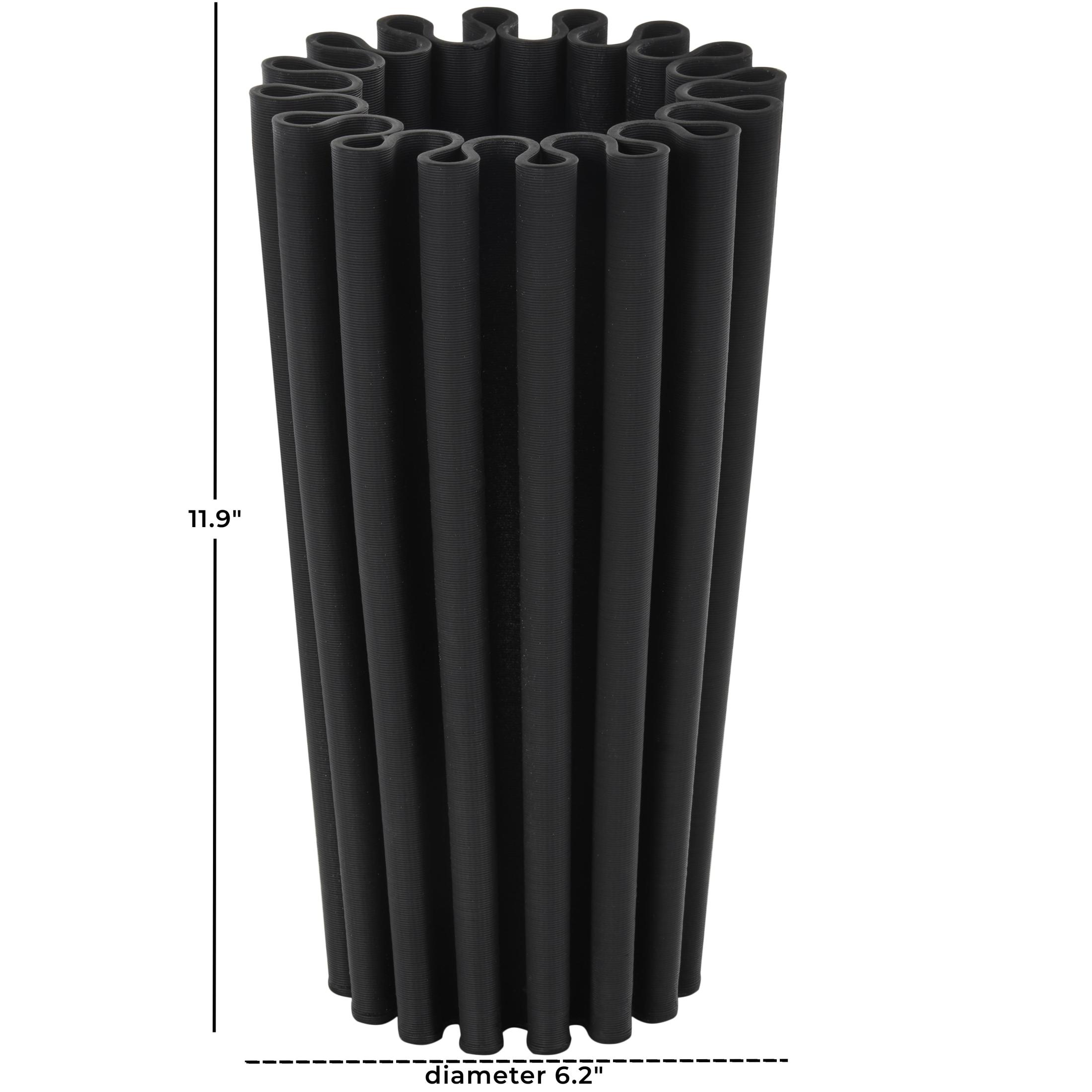 DecMode 12" Abstract Dimensional Ribbed Black Ceramic Vase with Cylindrical Ridges