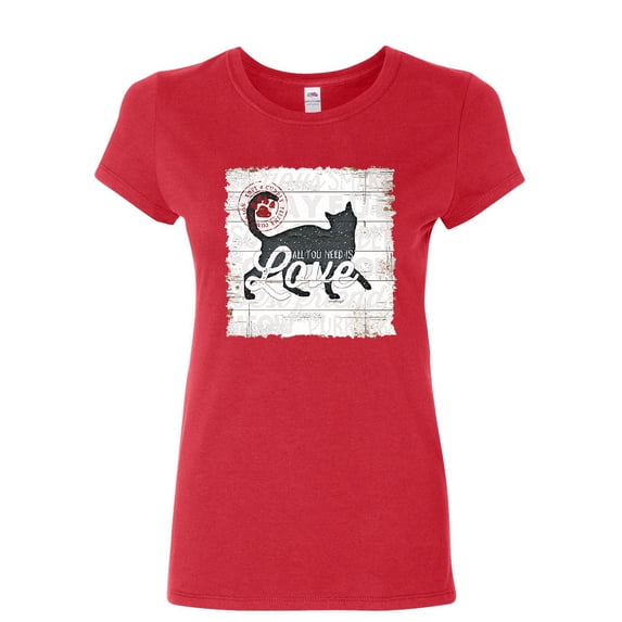 Tee Hunt All You Need is Love Women's T-Shirt Cat Lovers Meow Best Friend Kitty Shirt, Red, 3X-Large