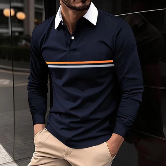 JIANJIA Mens Polo Shirts Autumn Winter Long Sleeve Striped Lapel Casual Tops Outwear