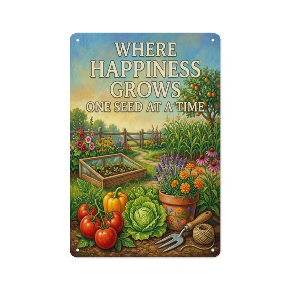 Where Happiness Grows Gardening Watercolor Poster Metal Tin Sign Wall Decor Wall Art Vintage Room Decoration Tin Painting Poker Room Poster for Home Man Cave Bar Cafe Store Garage Or Club 12x8 Inches