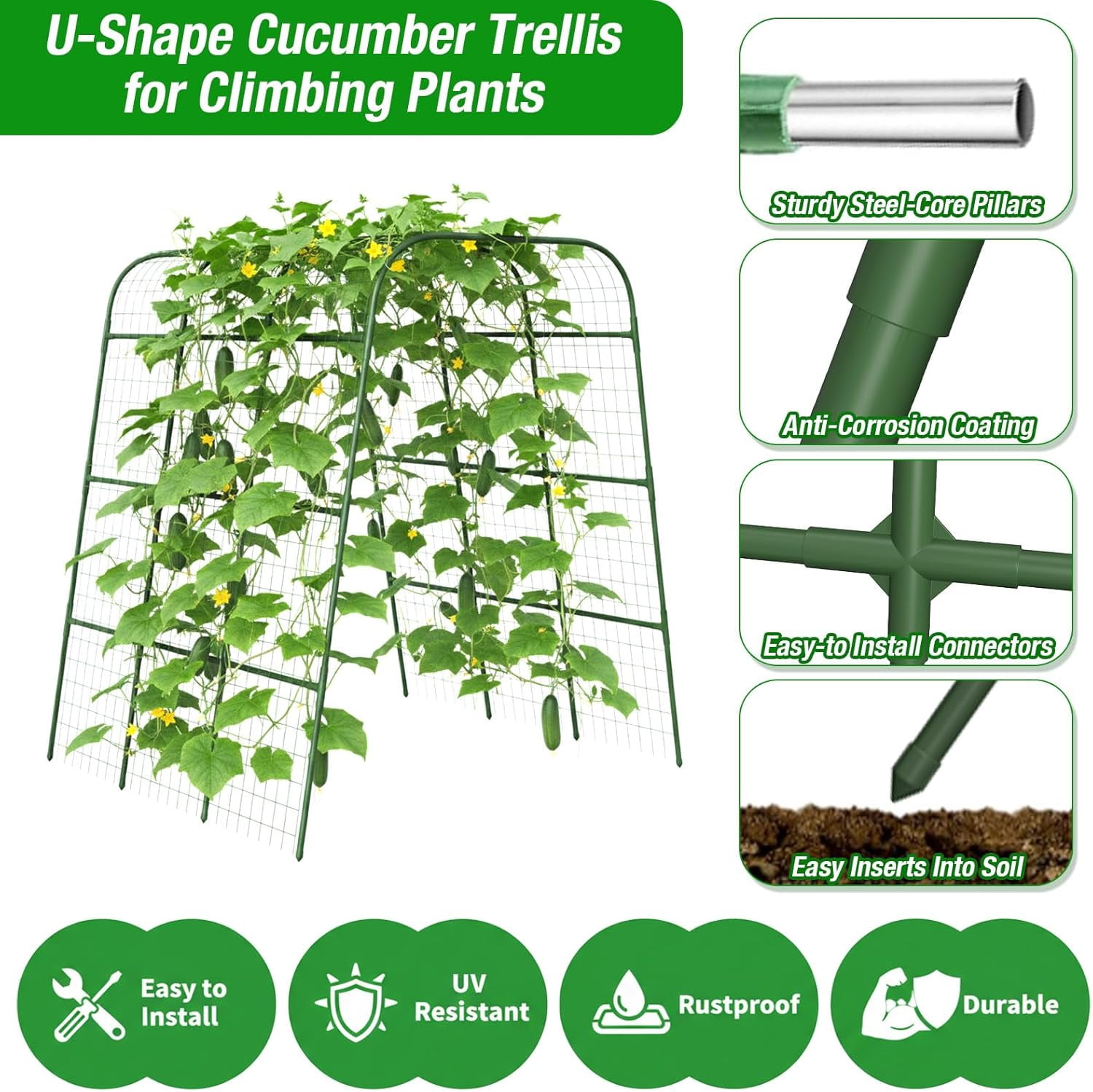 Cucumber Trellis 16mm for Raised Bed 48" L x 64" H, U-Shape Heavy-Duty Metal Garden Trellis for Climbing Plants Outdoor, Vegetable Arch Support Frame for Tomato Pea Zucchini Grape Flowers Vines