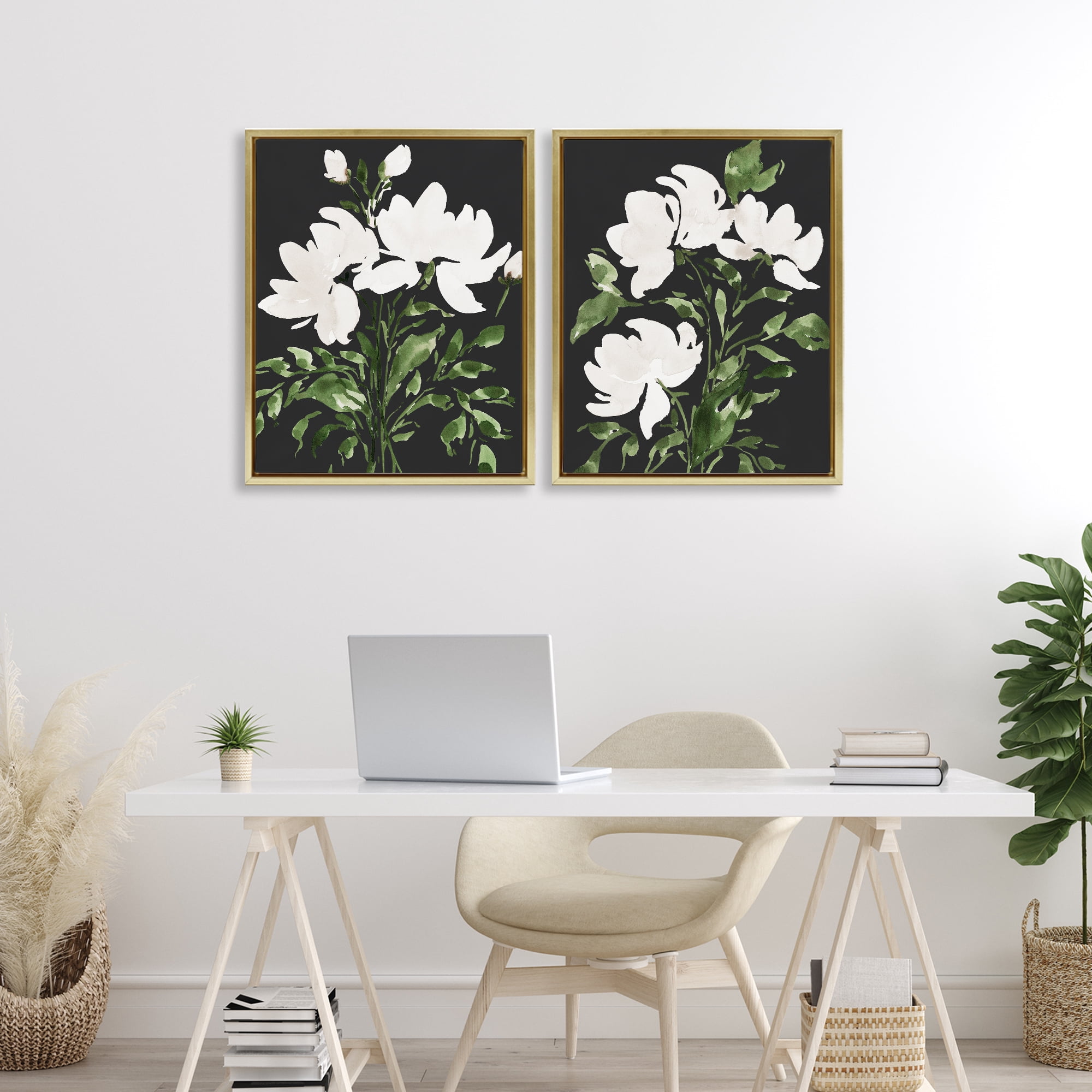 Stupell Industries White On Black Blooms 2 Piece Gold Framed Floater Canvas Set, design by Lucille Price